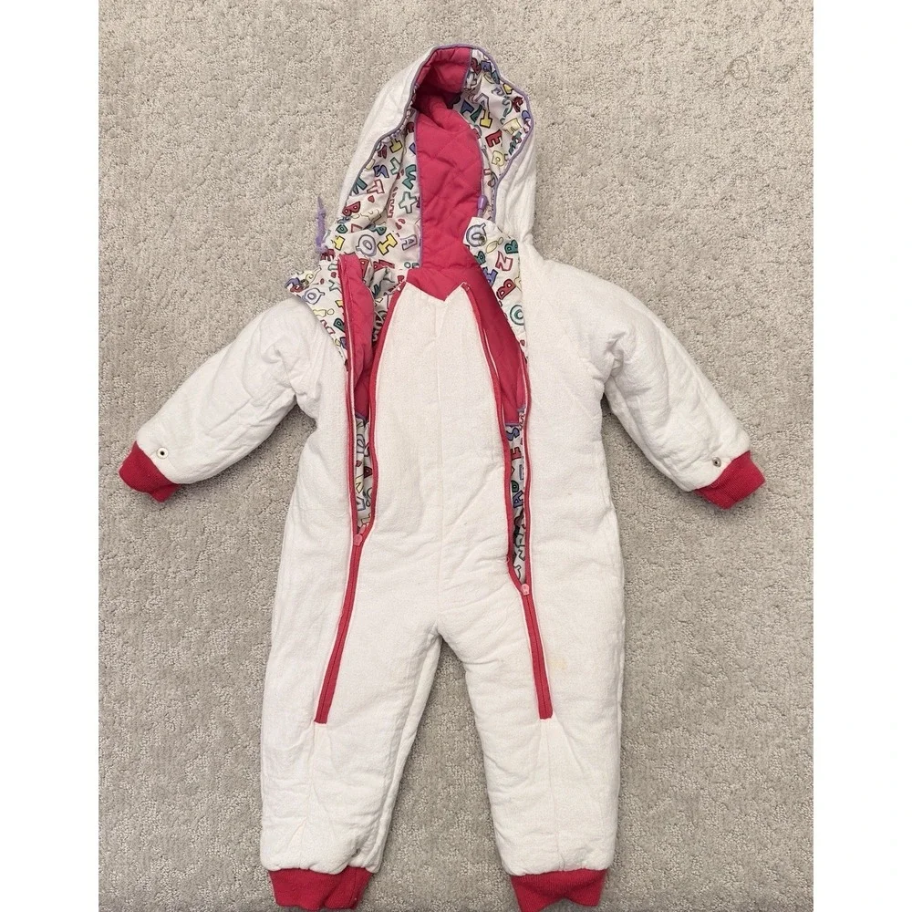 Disney Vintage Mickey & Minnie Hooded Full Zip Snowsuit 18M Alphabet White/Pink
